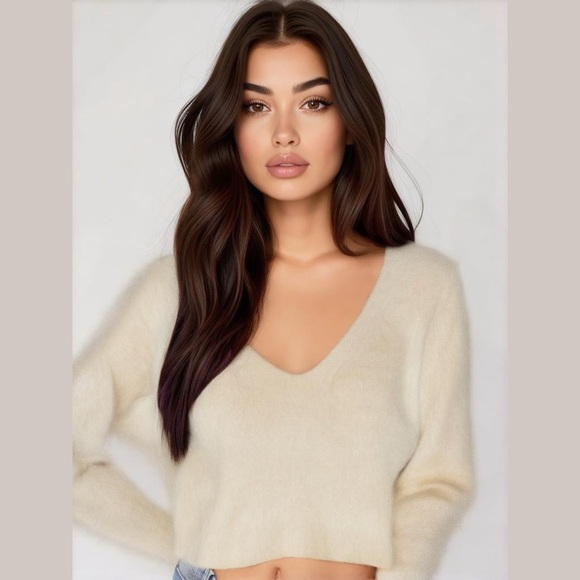 Paris & Me Cozy Cream Fuzzy V-Neck Sweater - Picture 2 of 3